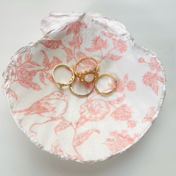 Hand Crafted Jewelry - Handmade Scallop Shell Trinket Dish w/ Pink Floral Bird Decoupage Design